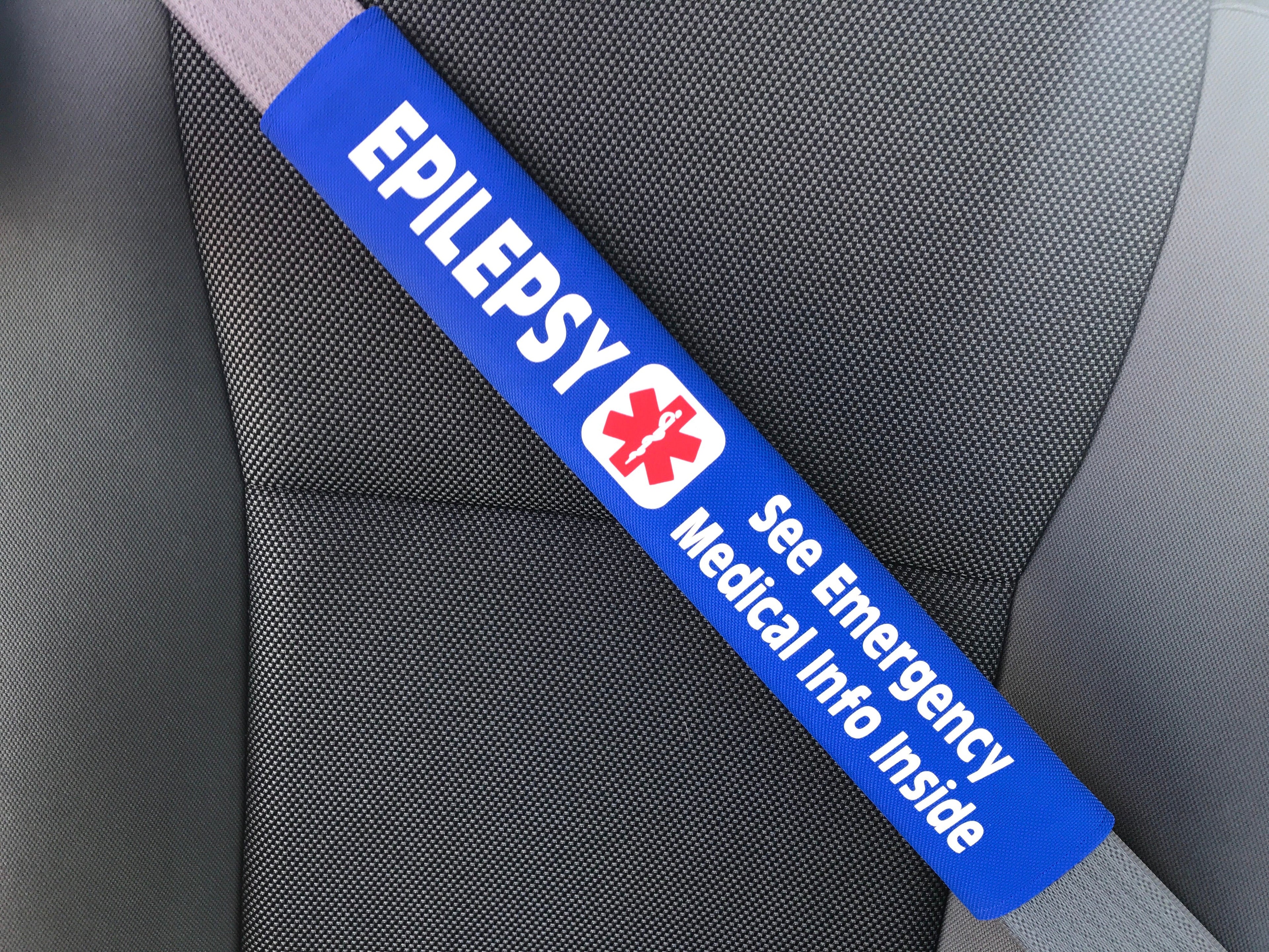Epilepsy - Medical Alert Seat Belt Cover - Inside Pocket - Medical Info Sheet