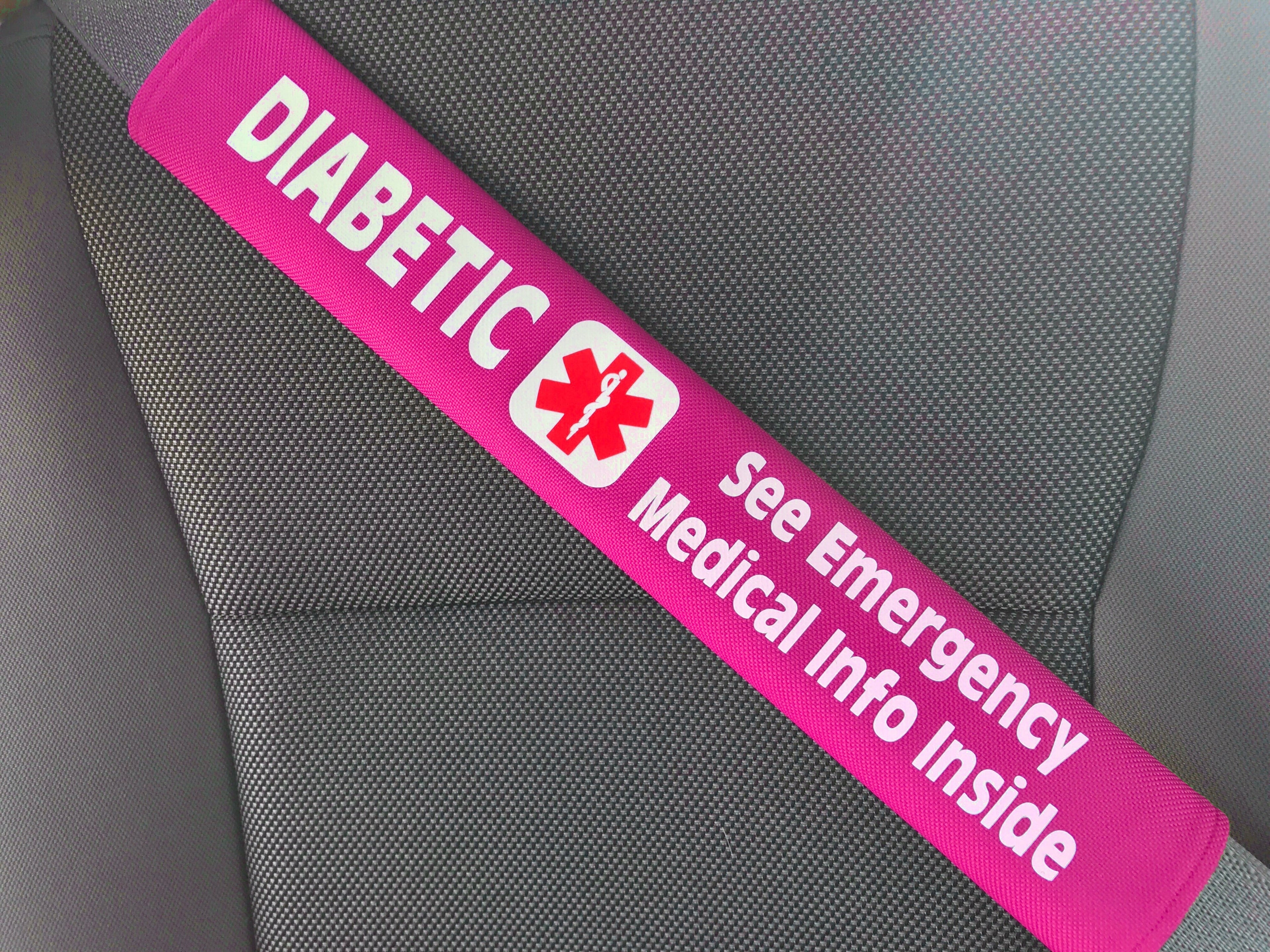 Diabetic - Type 2 - Medical Alert Seat Belt Cover - Inside Pocket - Medical Info Sheet