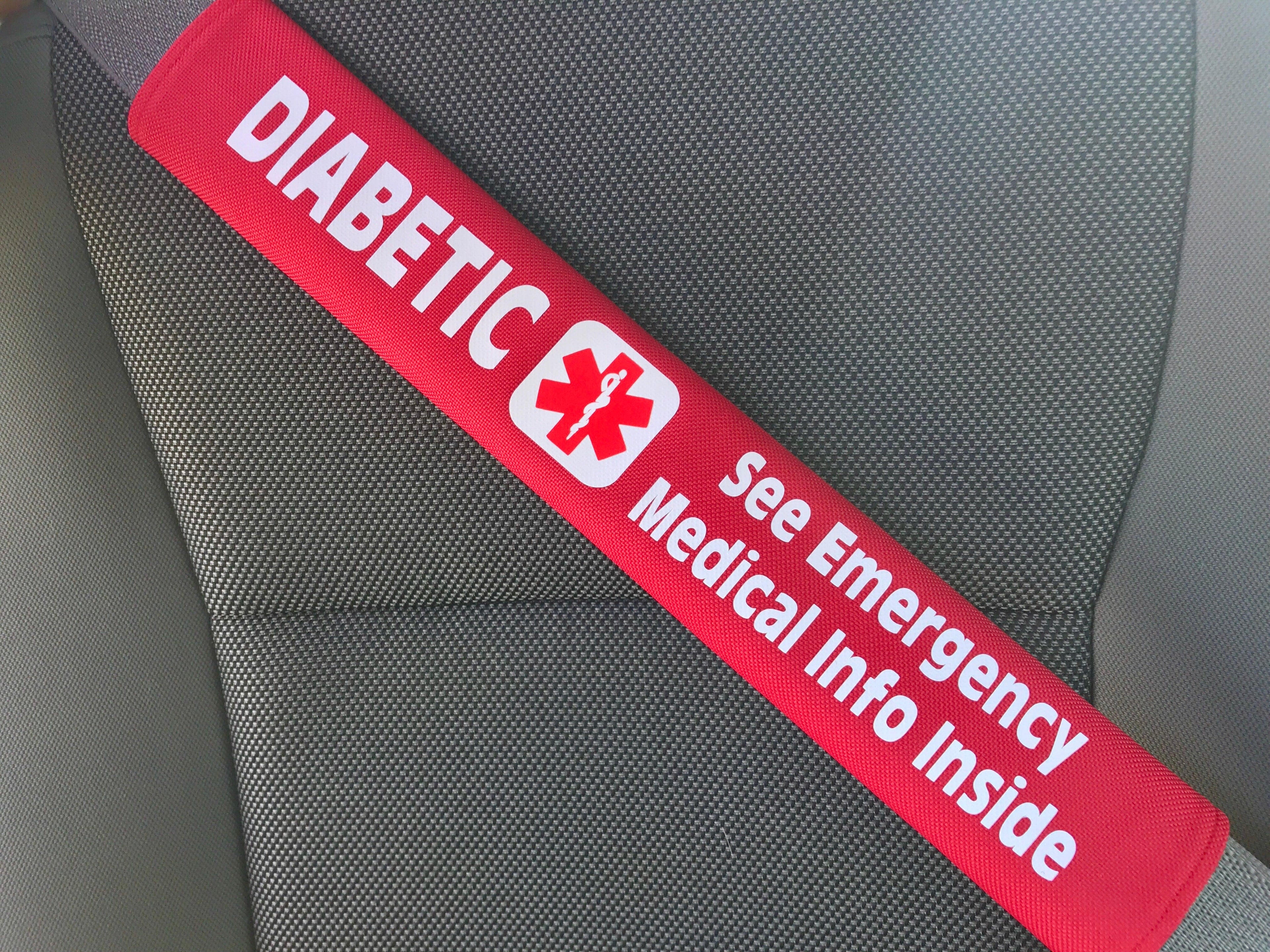 Diabetic - Type 2 - Medical Alert Seat Belt Cover - Inside Pocket - Medical Info Sheet